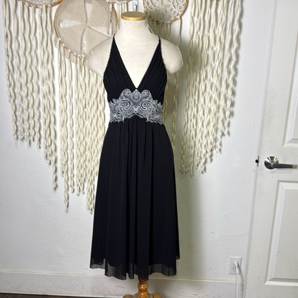Y2K Vivienne Tam Black Mesh Below Knee Strappy Back Dress Waist Detail 1/small